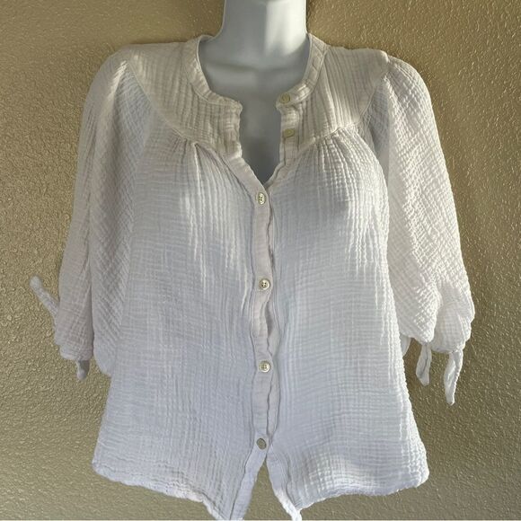 Felicite Tie Top Gauze Loose Fitting Blouse White 1/2 Sleeve Size 1 - XS - Picture 2 of 9